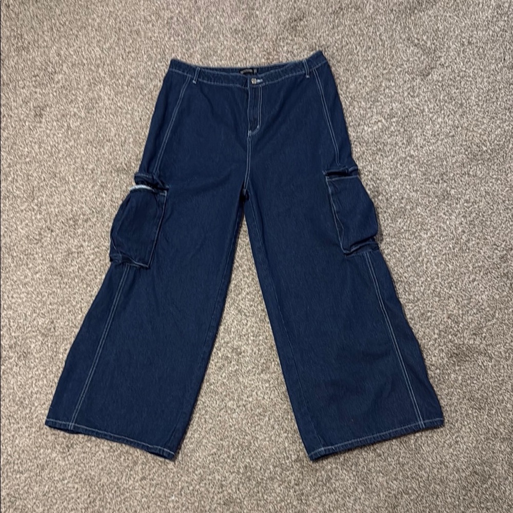 PrettyLittleThing Blue Flare Wide Leg Jeans
